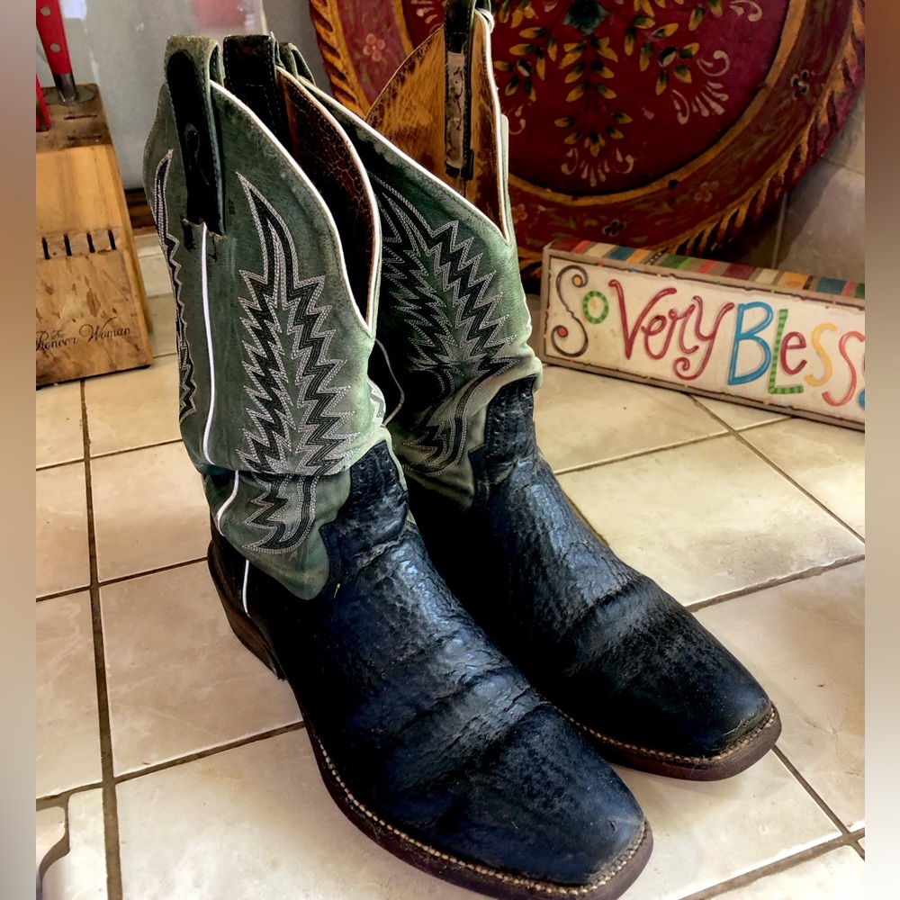 Rod Patrick Cowboy Boots size 12A RE-SOULED Shark bottoms Green and Black tops